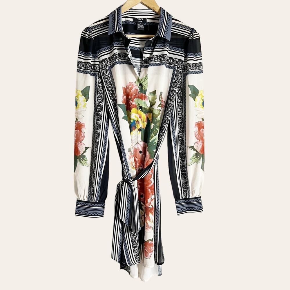 Vici Floral Scarf Border Print Long Sleeve Belted Mini Shirt Dress Size Large